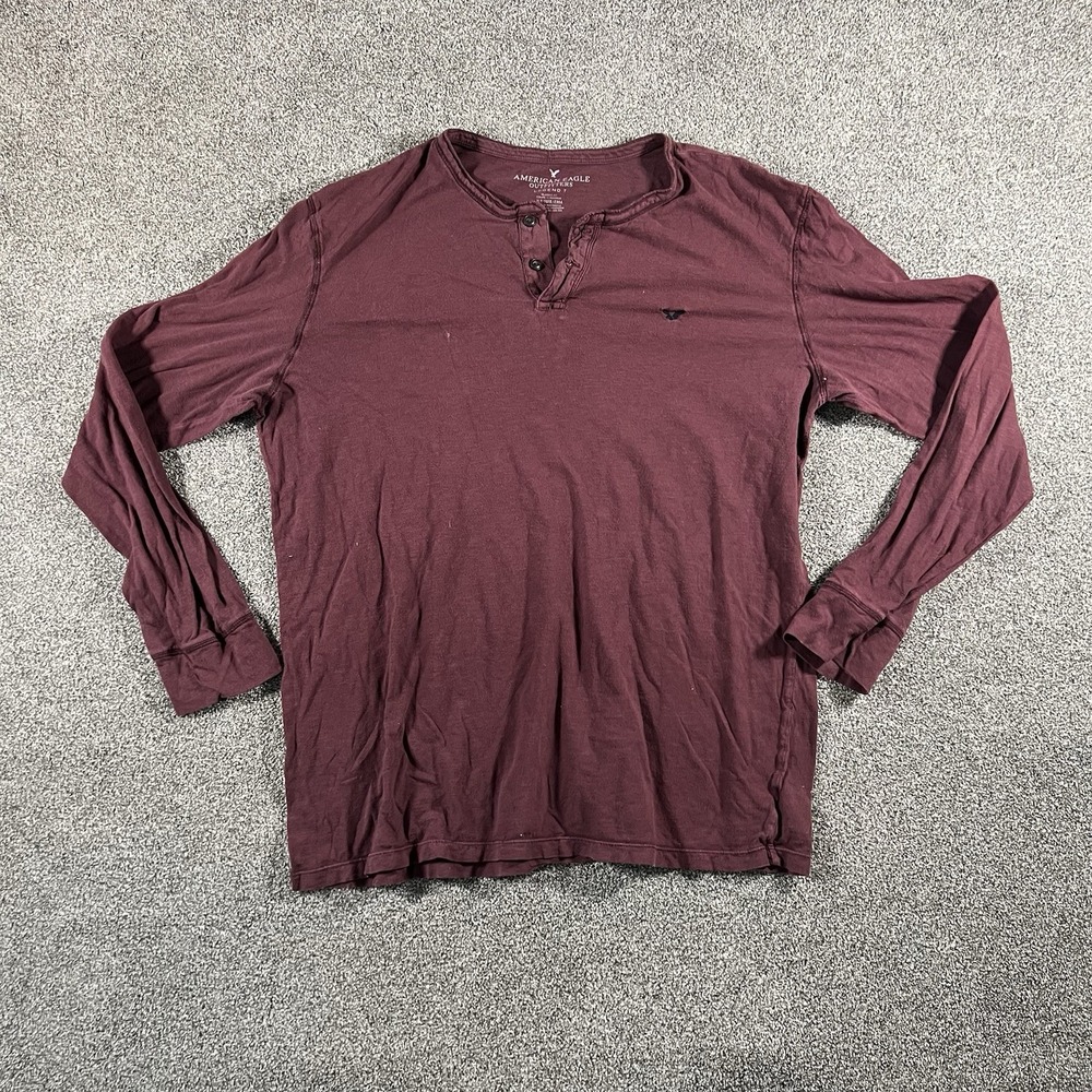 American Eagle Mens XL Tall Henley Shirt Burgundy Long Sleeve Logo Casual